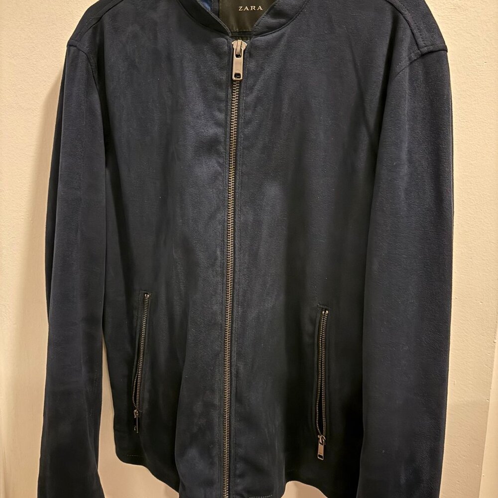 Zara Men's Blue Suede Bomber Jacket - Size M